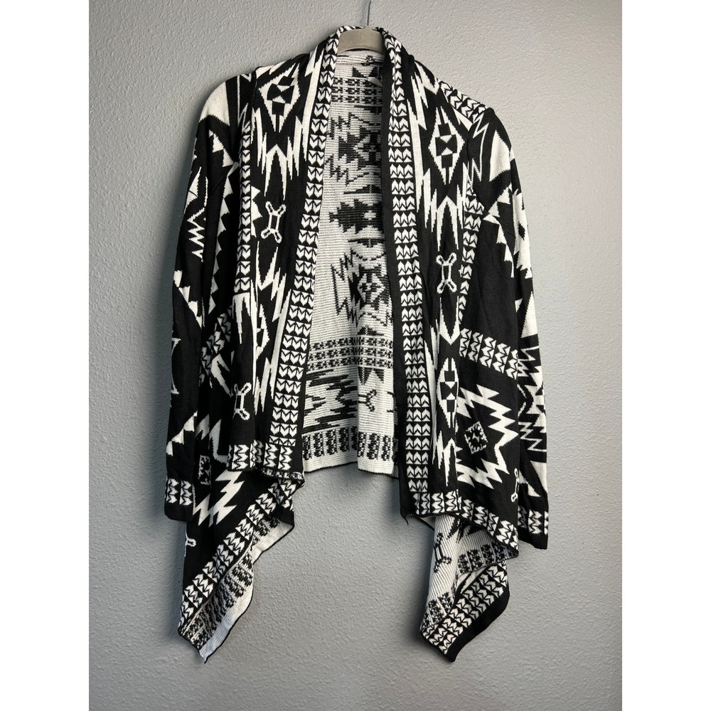 Cardigan Sweater Oh MG Women's Southwestern Print Open Size XS Oversized Blk/Wht